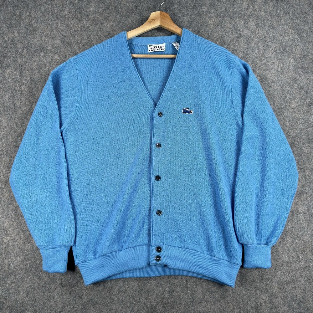 Vintage IZOD Lacoste Sweater Mens Medium Blue Acrylic Cardigan V Neck Logo
